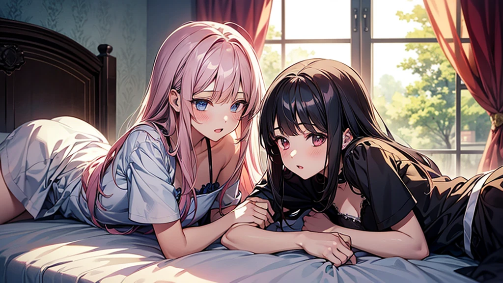 Anime image of two girls lying in bed with a window in the background, Anime drawing by Kamaguruka, Pixiv, Gothic art, Two beautiful anime girls, everyone, from Girls' Frontline, trending on artstation Pixiv, Fine details, guweiz on artstation Pixiv、((different colored dresses、(High heels)))、(smile)、(Close-up photo of the upper body)、High angle、Look Up、Photo with white border、lie down、looking at the camera、((Biologically correct limb count))、((whole body including face))、4K、Masterpiece、((Focus on the face))、((Symmetrical, well-proportioned facial features))、Eyes with delicate depictions