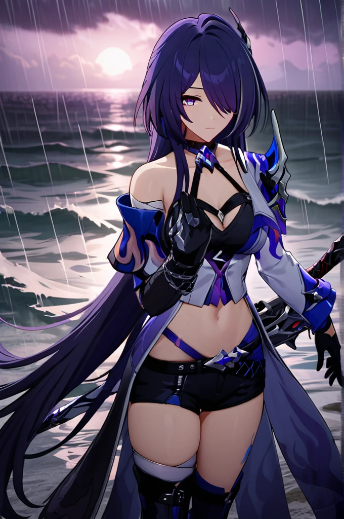 ((masterpiece)),((Highest quality)),High resolution,Highly detailed CG,Perfect lighting,8k wallpaper,
One girl,Acheron \(Honkai: Star Rail\),Purple Hair,Very long hair,Purple eyes,Reaching out towards the viewer,black sea water,rain,water,gloves,
