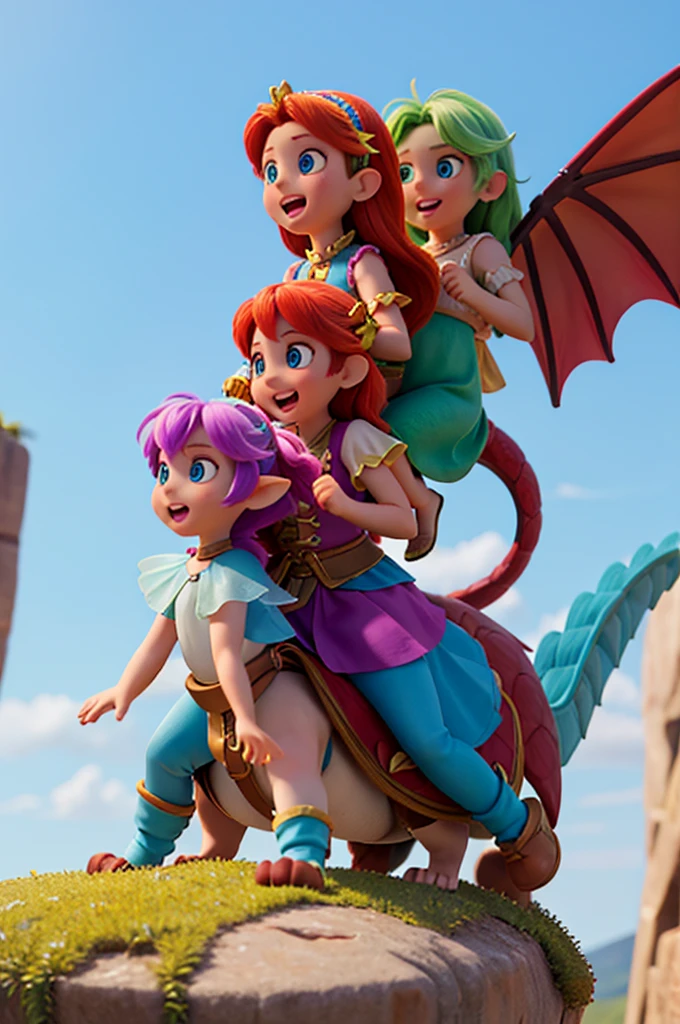 a rainbow-colored dragon riding two  girls, one of them is a fairy, the other a human with long golden hair and light blue eyes two girls
only 2 girls