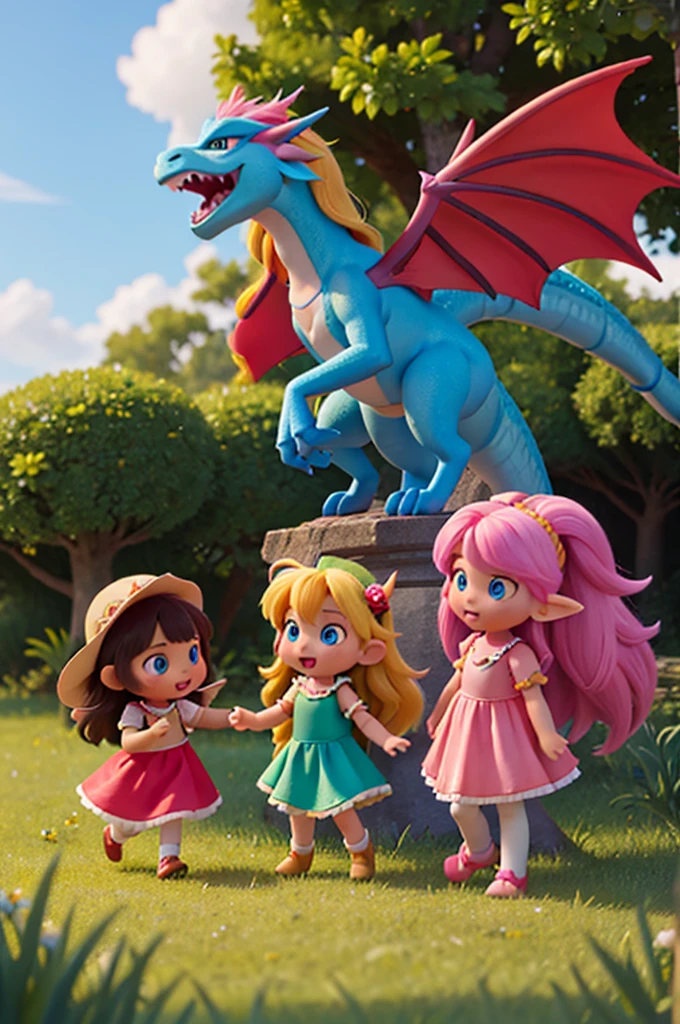 a rainbow-colored dragon riding two girls, one of them is a fairy, the other a human with long golden hair and light blue eyes two girls
only 2 girls