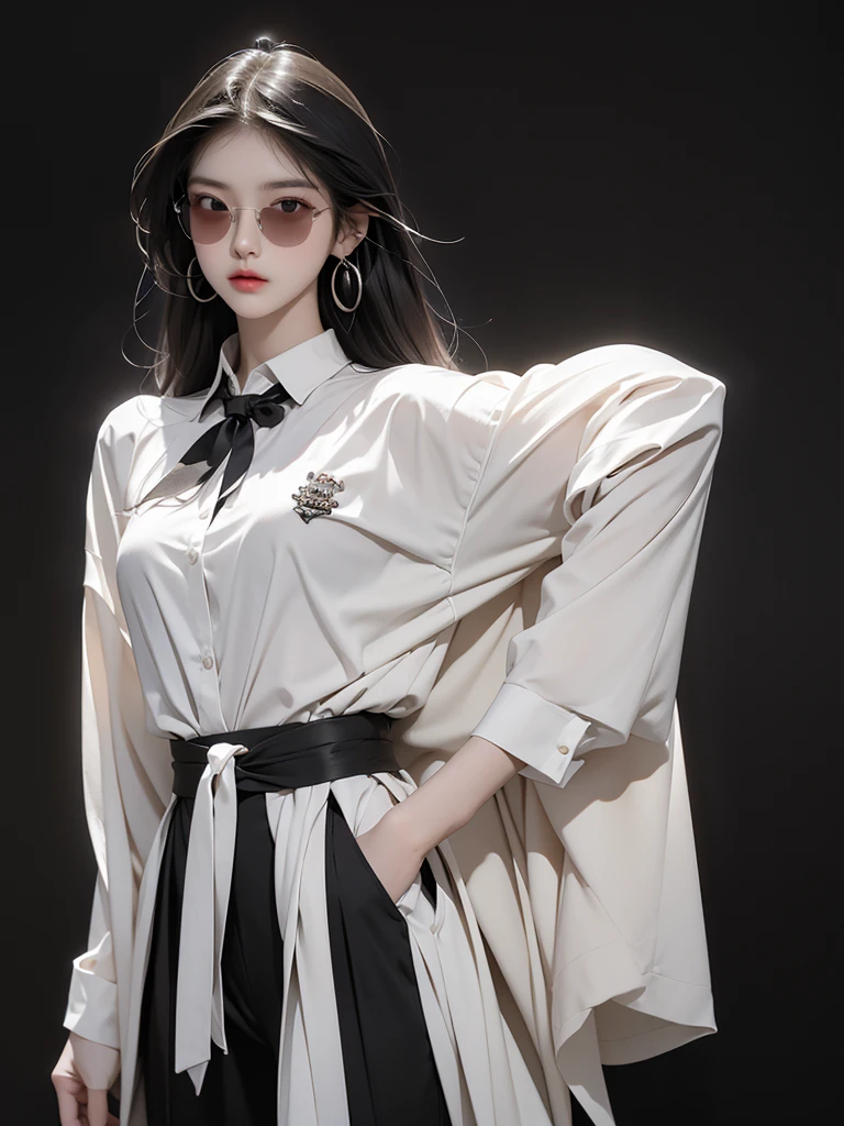 a beautiful Korean woman with long straight hair, wearing sunglasses, wearing decorated earrings, wearing casual clothes such as a black suit, white tie, is standing in a dark room, black background. HD REALISTIC