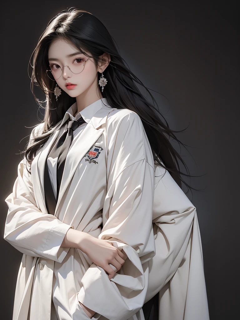 a beautiful Korean woman with long straight hair, wearing sunglasses, wearing decorated earrings, wearing casual clothes such as a black suit, white tie, is standing in a dark room, black background. HD REALISTIC