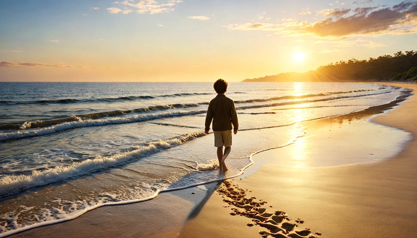 Setting: A serene, sunlit beach at dawn, with the calm sea gently lapping against the shore and golden light illuminating the scene.
Subject: Jonah, depicted emerging from the sea onto the beach, looking up towards the sky with a hopeful and grateful expression. The scene captures his sense of rescue and new beginnings, with footprints leading from the water’s edge towards the bright, welcoming horizon.
Atmosphere: Hopeful and uplifting, with soft, warm lighting creating a peaceful and inspiring mood, symbolizing redemption and new life.