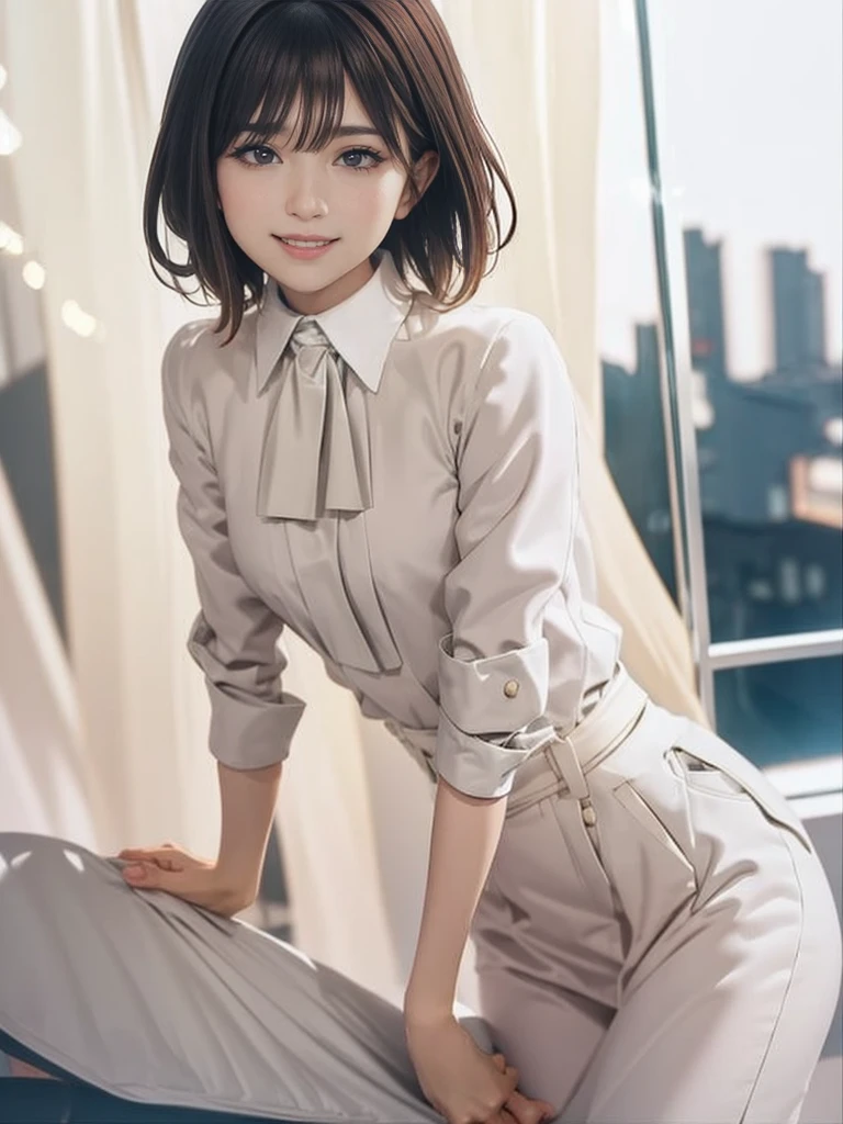 (Very detailedな CG Unity 8k 壁紙, Highest quality, Very detailed, Looking into the camera:1.2, The light shines on your face:1.5, Gray background, Professional Lighting), Japanese women, 26 years old, Brightly lit upper body composition of a face. She has an oval face, Soft arched eyebrows, bright expressive eyes,,, pronounced nose, And a friendly smile. Her hair is shoulder-length, straight, Dyed a pale chestnut color. She is wearing a smart casual blouse, Probably soft colors, Pair it with a chic blazer, Embody her lively and sociable personality