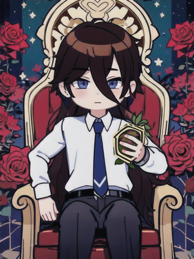 (masterpiece, best quality:1.2), 1 guy, Brown hair, bangs cover the right eye,shirt, tie, trousers, Sits on the throne, holding a rose in his hands, Roses Around