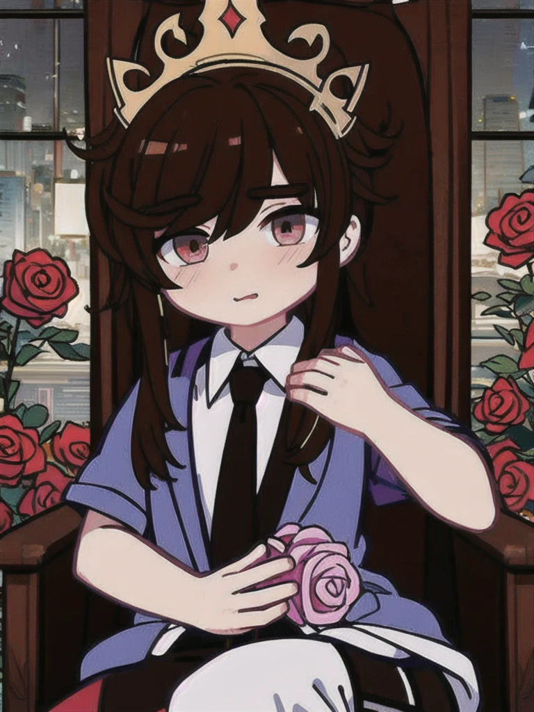 (masterpiece, best quality:1.2), 1 guy, Brown hair, bangs cover the right eye,shirt, tie, trousers, Sits on the throne, holding a rose in his hands, Roses Around