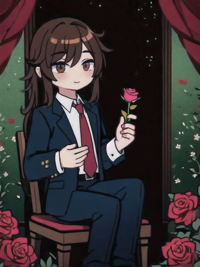(masterpiece, best quality:1.2), 1 guy, Brown hair, bangs cover the right eye,shirt, tie, trousers, Sits on the throne, holding a rose in his hands, Roses Around