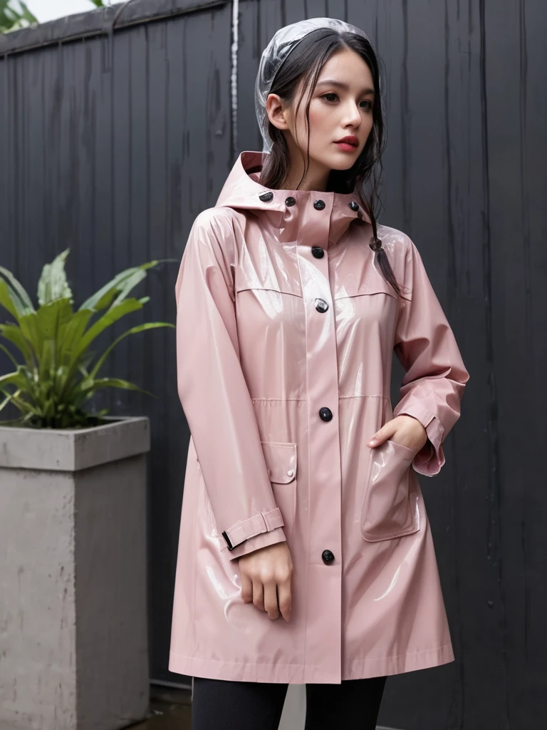 Light pink buttoned raincoat, wearing hood, shiny raincoat, muddy clothes, muddy raincoat, covered in mud, mud running down clothes