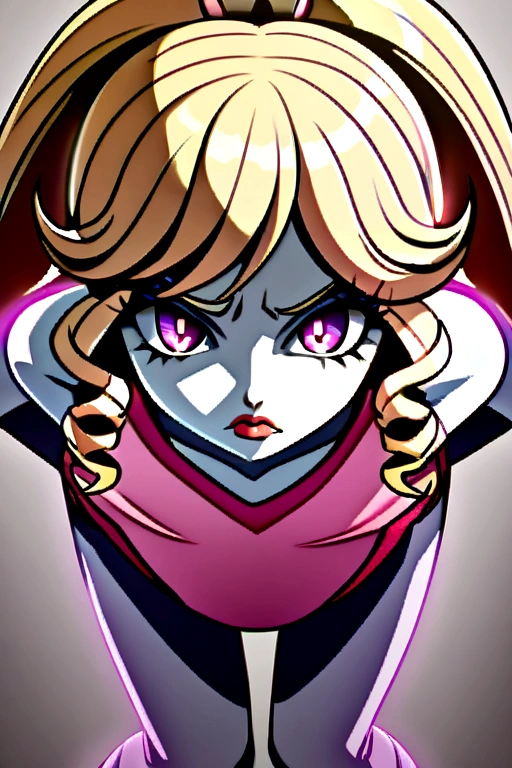 A curly blonde young woman, pale skin with violet eyes and reddish lips, With a pouting expression, wearing a pink My Little Pony top, with lilac panties and white knee-high stockings.