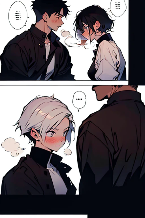  Guy with short black hair smoking and a girl with short white hair blushing at him, manga page with panels and dialogue    