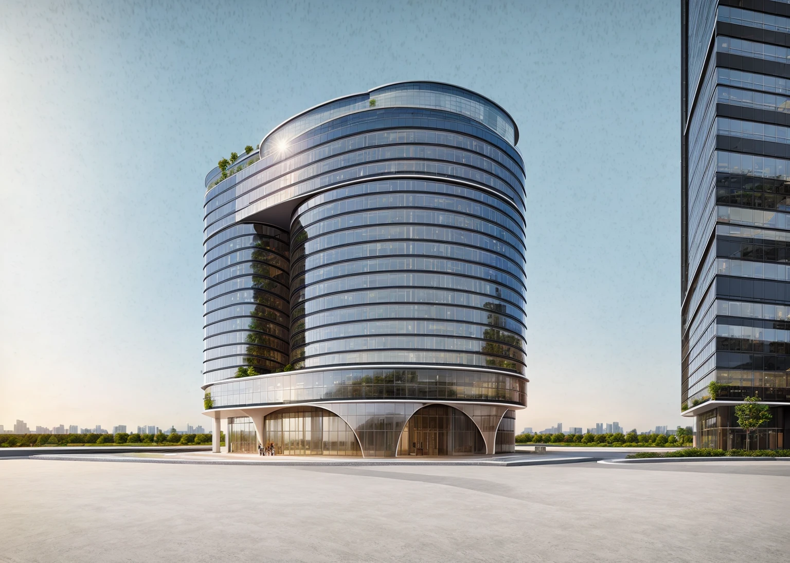 (masterpiece, best quality:1.2), rendering of a modern office building ,hotel, office building ,city landscape, white wall, black glass window