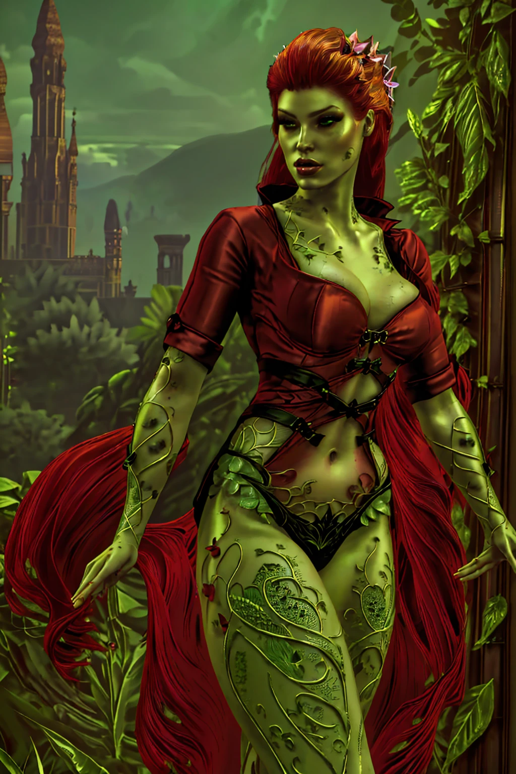 a woman with long crimson hair, wearing a long green dress with a leg slit, intricate corset, beautiful detailed eyes, beautiful detailed lips, extremely detailed face, longeyelashes, elegant pose, graceful movement, breathtaking, detailed and realistic, oil painting, dramatic lighting, warm color palette, cinematic composition, masterpiece, 8k, high quality, poison ivy