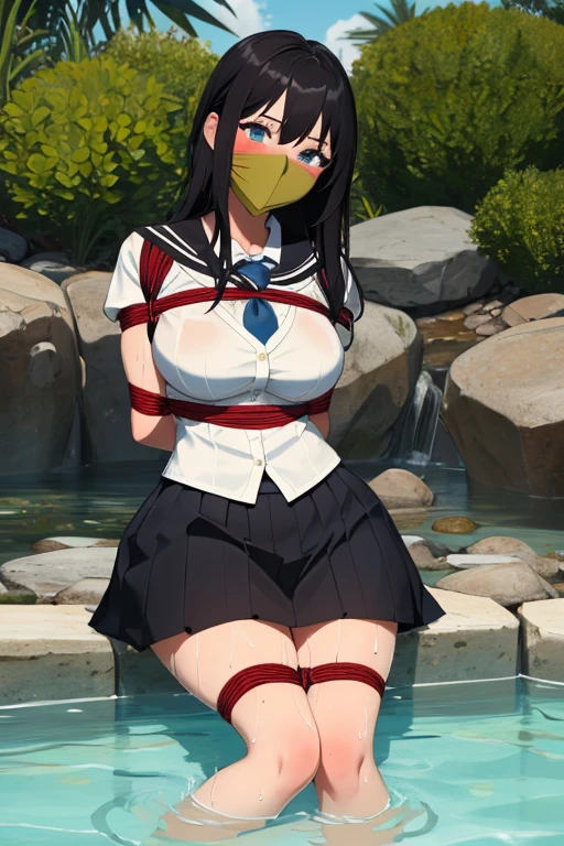 1 girl, detailed blue eyes, lange wimpern, detailed beautiful face, 4k quality, (Long black hair:1.4), (arms behind back:1.6), gefesselte Arme, Red rope, (blushing:1.3), (Big boobs:1.2), (weißes Hemd mit schwarzer krawatte, black skirt, school girl, 18 jears old:1.6), OTN, Gag, gagged, shibari, liegend im wasser, nah aufnahmen, wet clothes, laying in beaxh water, liegend