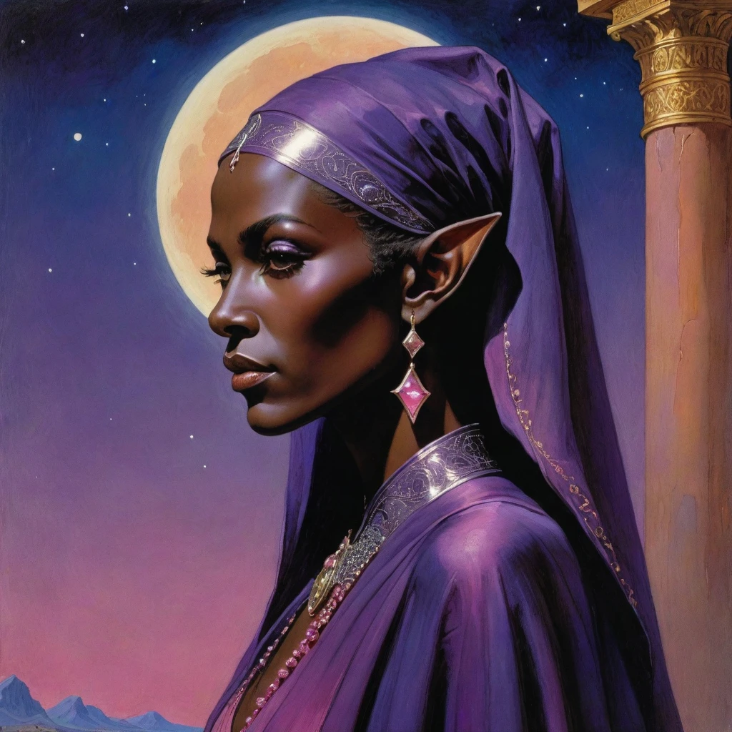 Masterpiece, (realistic), (propaganda poster), ((Moebius Jean Giraud)), (((haughty upright profile portrait of a veiled dark elf woman, young, priestess, sensual, imposing, dignified, proud, arrogant, wearing silk, purple and pink robes with detailed crecent moon, star elements))), ((Corinthian columns, dusk background, fireflies))