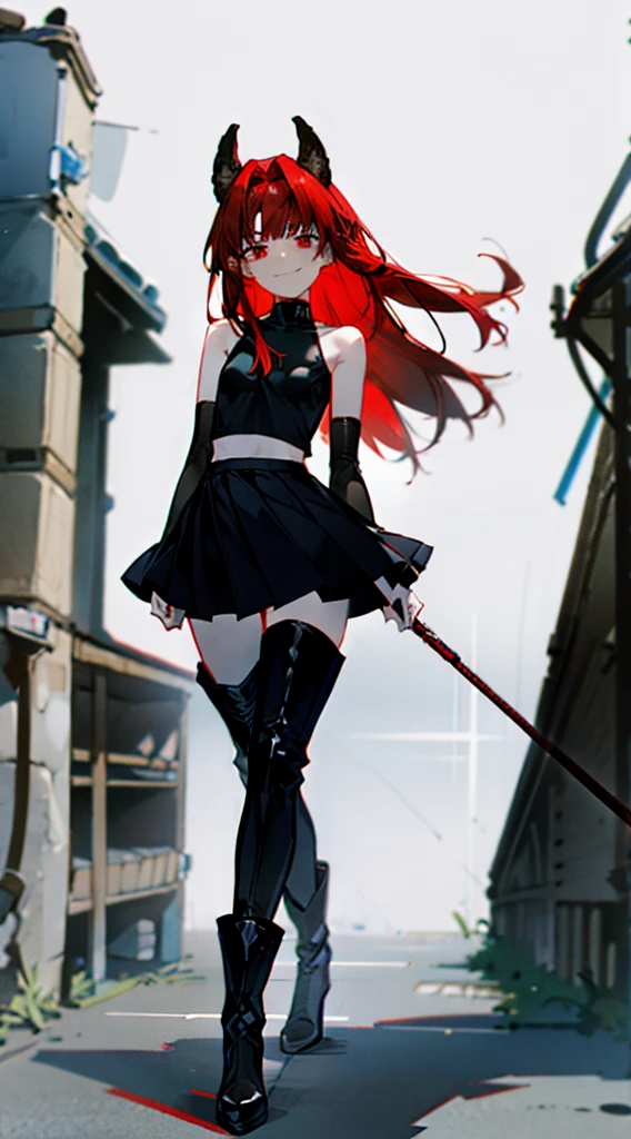 whole body、high resolution、High Quality、smile、Hairstyle with a long neckline、Red mesh hair、Wolf Ears、Black tank top、Red overskirt、Black boots、Hand holding a skeleton microphone、Fewer fingers、Less arms、Facing forward、