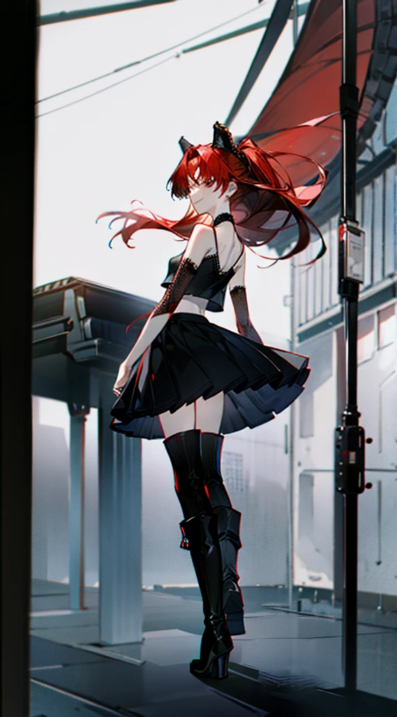 whole body、high resolution、High Quality、smile、Hairstyle with a long neckline、Red mesh hair、Wolf Ears、Black tank top、Red overskirt、Black boots、Hand holding a skeleton microphone、Fewer fingers、Less arms、Facing forward、