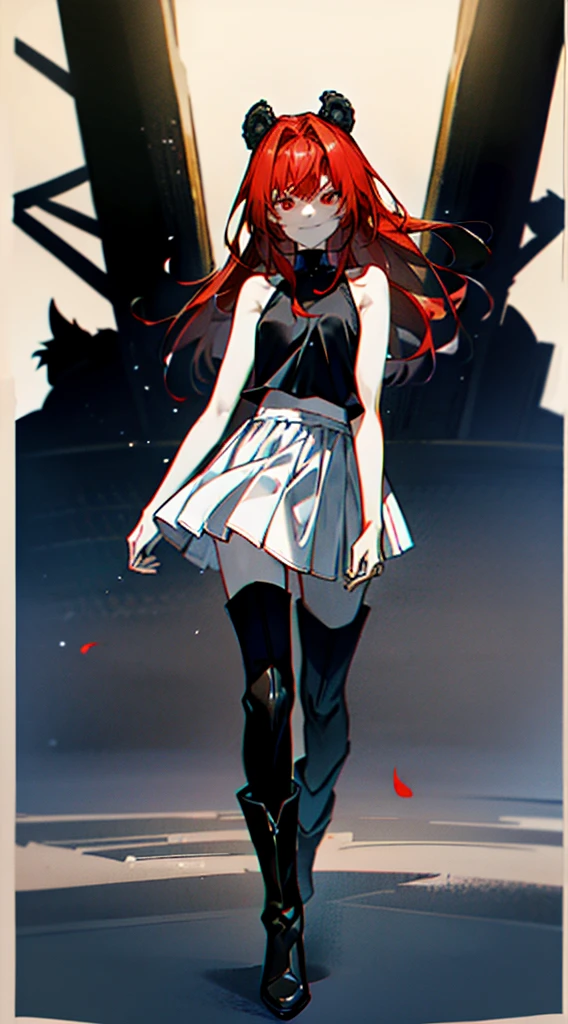 whole body、high resolution、High Quality、smile、Hairstyle with a long neckline、Red mesh hair、Wolf Ears、Black tank top、Red overskirt、Black boots、Hand holding a skeleton microphone、Fewer fingers、Less arms、Facing forward、