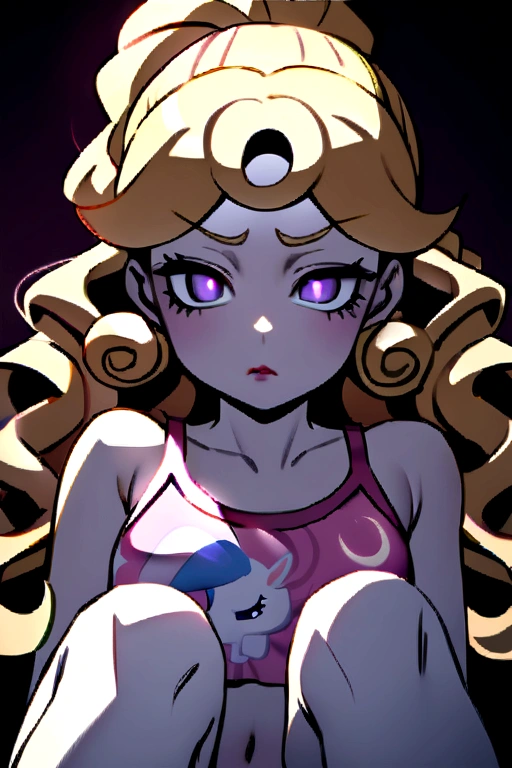 ((masterpiece)), ((best quality)), 1girl, (((star butterfly))), horn hairband, ((garter_belt_thighhighs_pussy_no_panties)), sitting on bed edge, lovehotel room