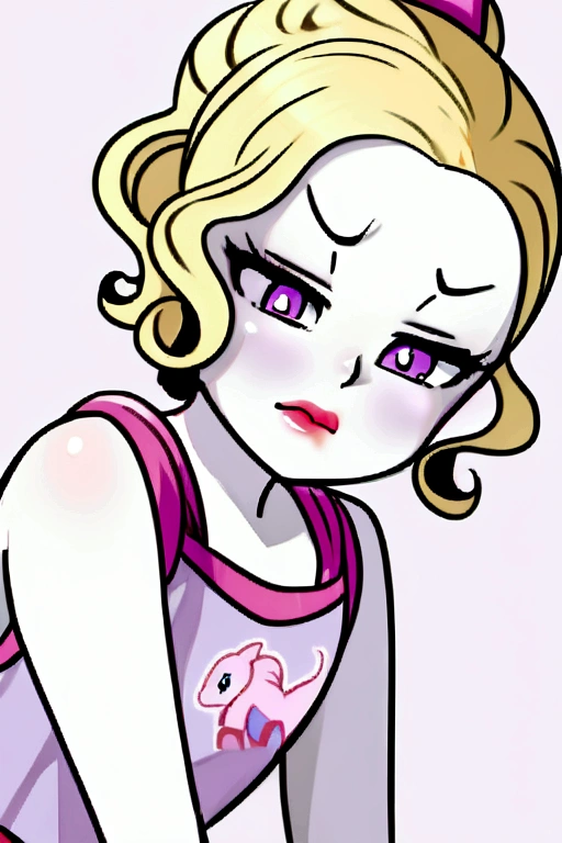 A curly blonde young woman, pale skin with violet eyes and reddish lips, With a pouting expression, wearing a pink My Little Pony top, with lilac panties and white knee-high stockings. 