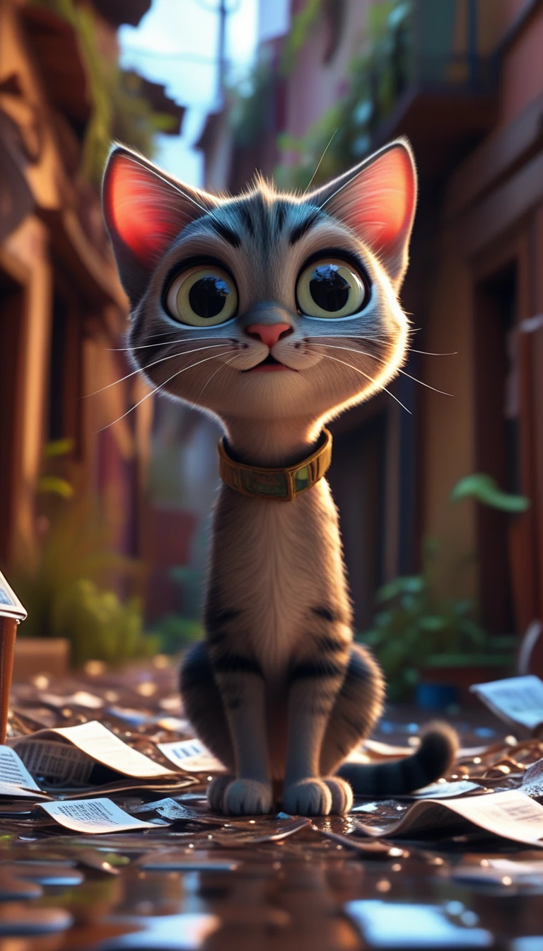 Abandoned scenes, young kitten looking for food. lots of trash, old newspapers, old neon signs, Low lights, it's raining, everything is wet. History, comic strips, History progression, cartoon, cute cat