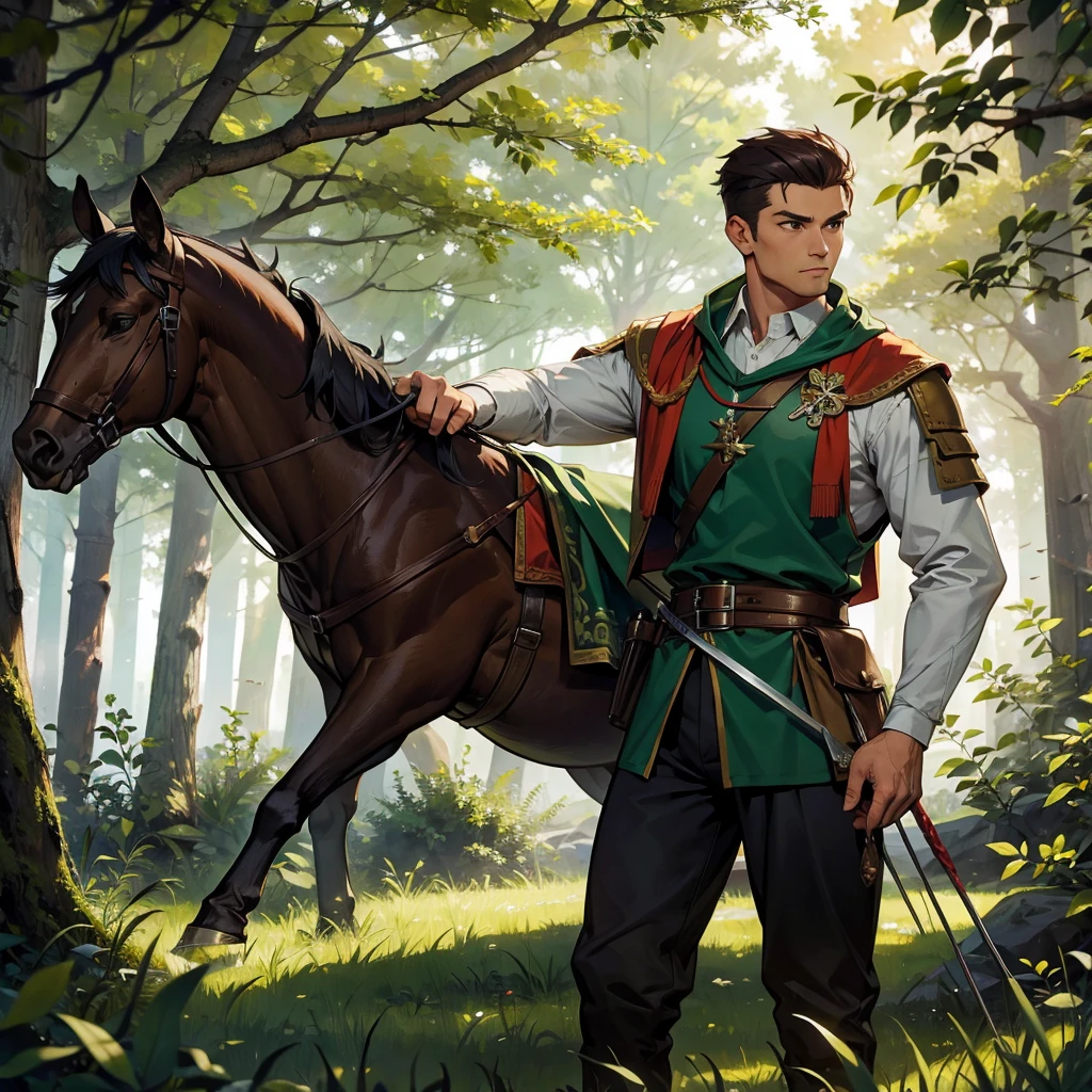 man with archer in the forest with medieval ranger outfit