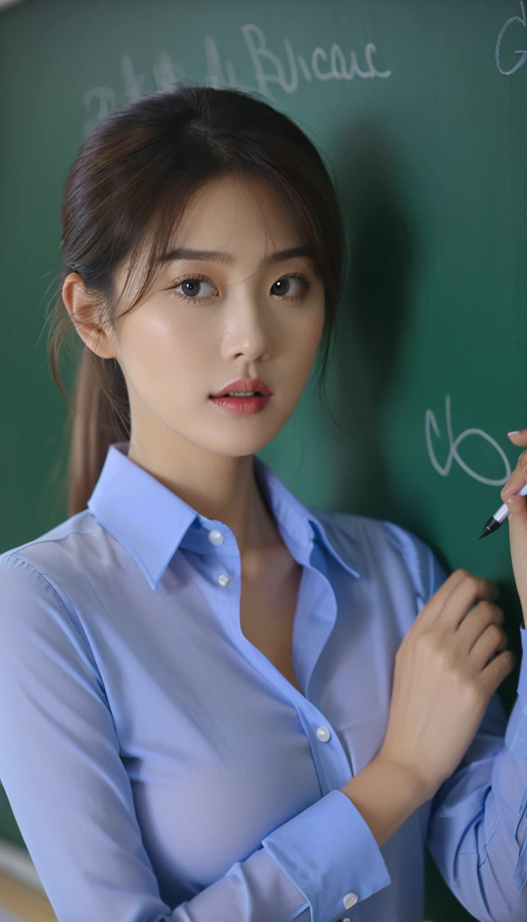 extreme close-up of beautiful korean female, 34 inch breasts size, wearing thin blue long sleeve collar shirt, writing on the blackboard, UHD