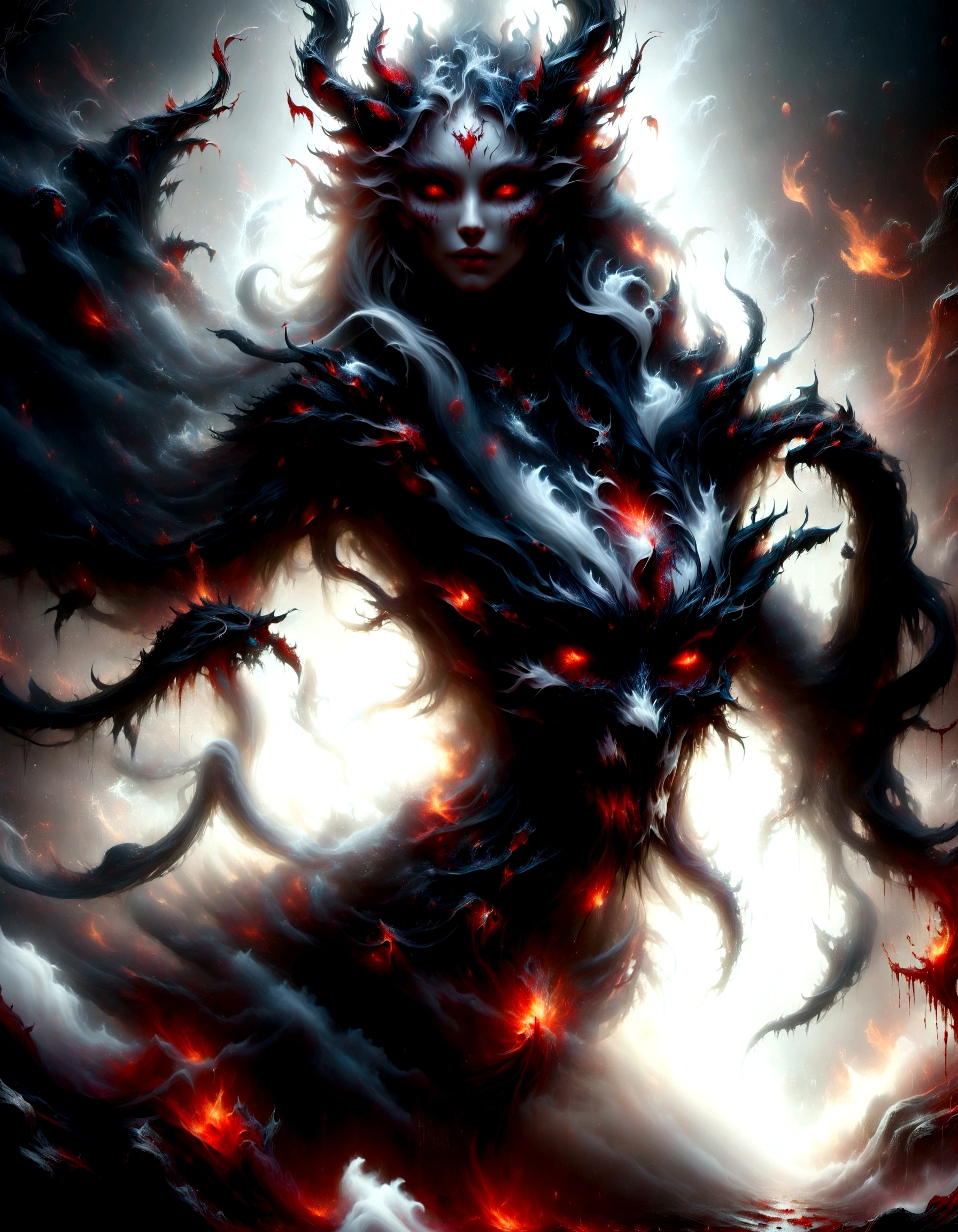 Beautiful female Demoness with, white long hair, perfect body, Strong and powerful upper body, devil skin, skins, demon armor, mist, vivid alluring eyes, blood splash, , taking your soul, skulls on the ground, Make a blood sacrifice, medieval, Dark room, low key light, Masterpiece, Realistic, oil painting in the art of hr giger