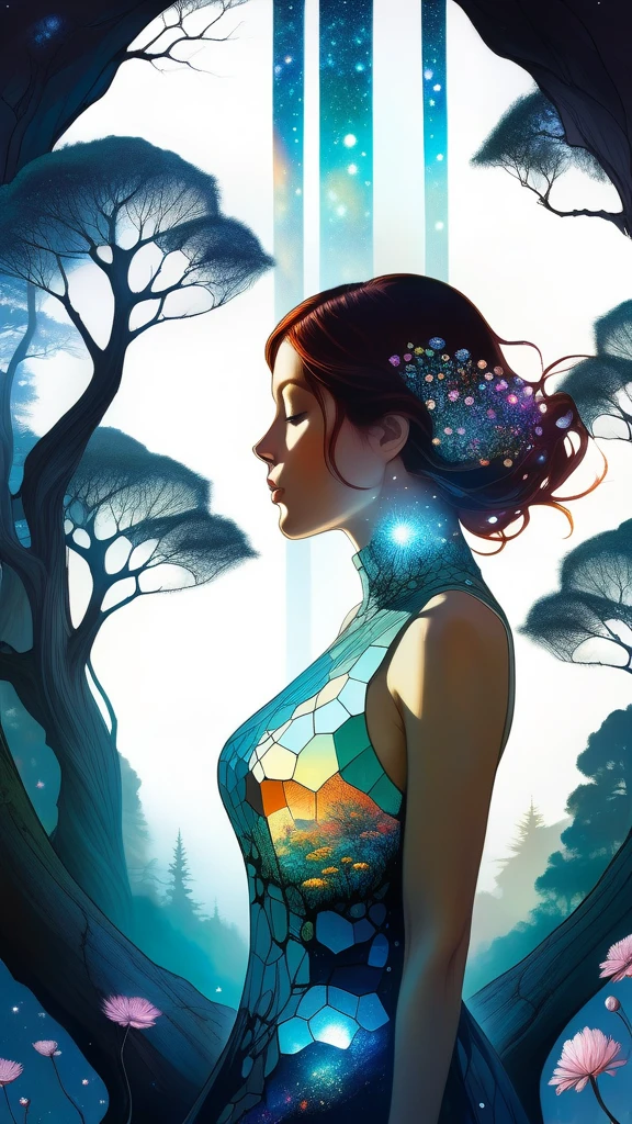 Futuristic utopia, Adventure, Aether, Kraken, Nebula, Verdant, Canvas, Spontaneous Human Combustion, Voyage, Lovely, Grateful, Forrest, (Double exposure:1.3) photo of a sexy lady made of mosaic of iridescent crystal glass with sub scattering mirror surface imposing onto transparent tree hollow trunk in living brocade underbust dress made out of flowers, bokeh sky by Peter Gric, Conrad Roset, Brandon Kidwell, Andreas Lie, Dan Mountford, Dan Witz, Agnes Cecile, Jeremy Mann, fine art, super dramatic moonshine, silhouette photo illustration, amazing depth, intricate detailed fine cracked surface, stunning atmosphere, mesmerizing whimsical vibrant scenery, complex masterwork by head of prompt engineering