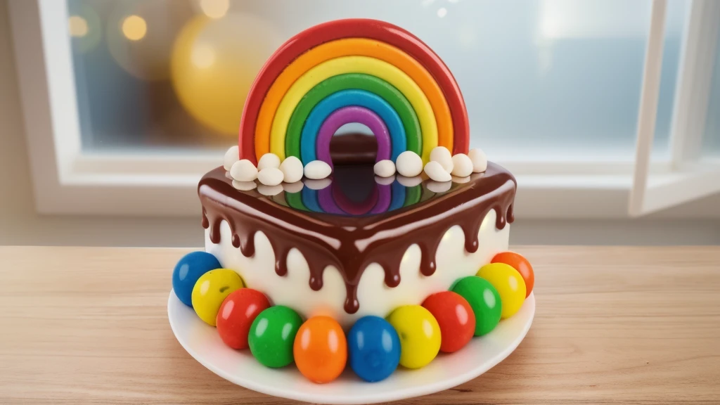 in the kitchen, on a wooden table, on a white porcelain plate, a tiny cake, the walls of the cake are made of multi-colored chocolate bars, on top are multi-colored cream stripes, multi-colored candies in the form of balls, window light, bright lights, soft light, window light, professional lighting, light from the window, neat light, realistic texture, realistic style, detailed texture, high quality, high resolution, high quality rendering, realistic photo, brightning light, macro photo
