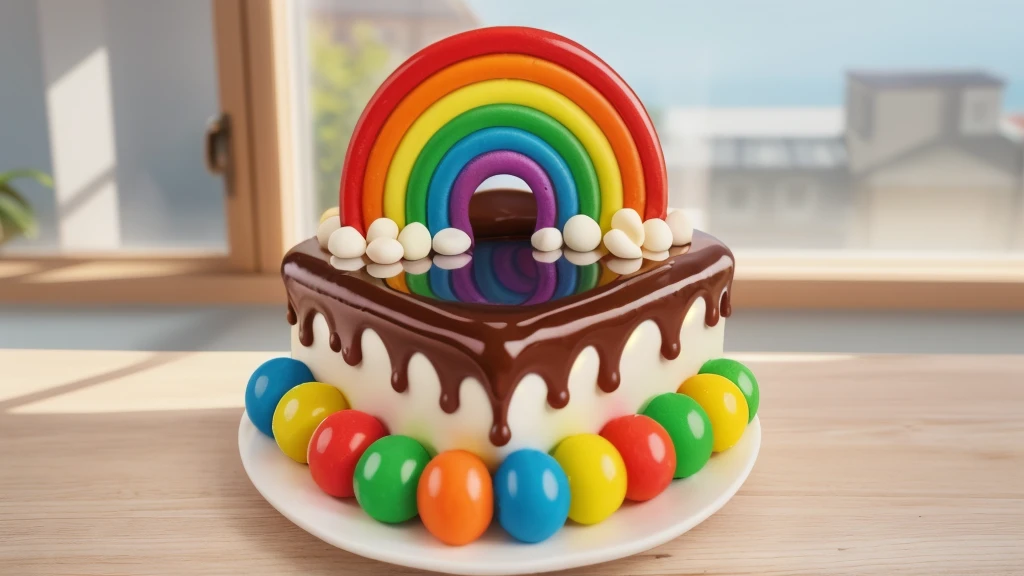 in the kitchen, on a wooden table, on a white porcelain plate, a tiny cake, the walls of the cake are made of multi-colored chocolate bars, on top are multi-colored cream stripes, multi-colored candies in the form of balls, window light, bright lights, soft light, window light, professional lighting, light from the window, neat light, realistic texture, realistic style, detailed texture, high quality, high resolution, high quality rendering, realistic photo, brightning light, macro photo