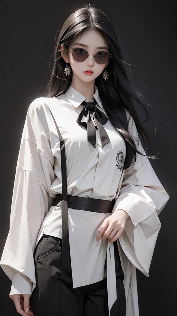 a beautiful Korean woman with long straight hair, wearing sunglasses, wearing decorated earrings, wearing casual clothes such as a black suit, white tie, is standing in a dark room, black background. HD REALISTIC
