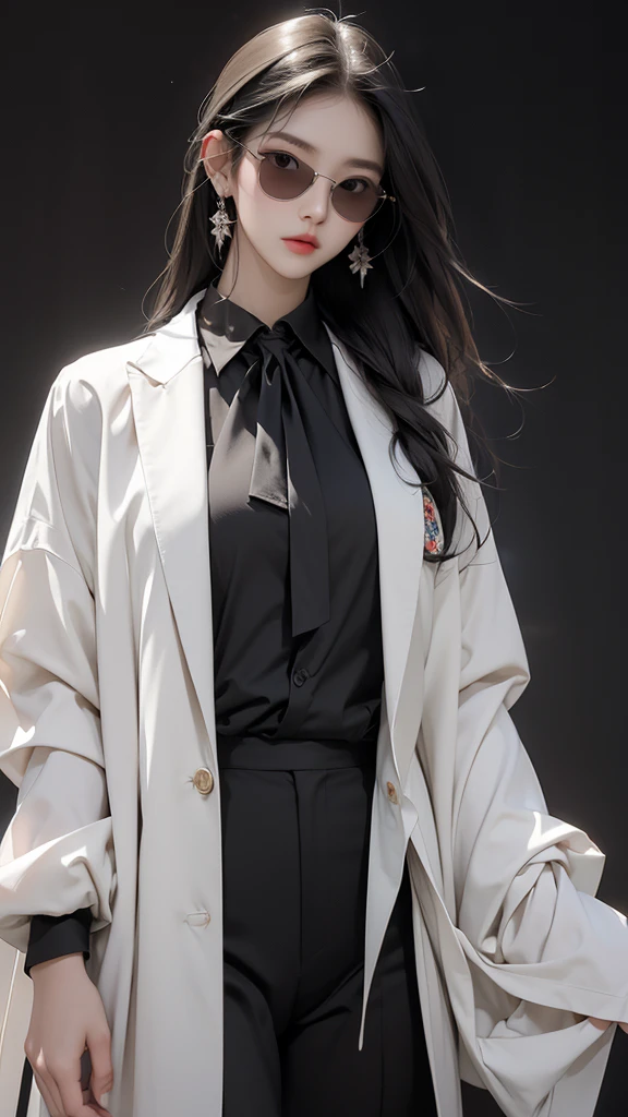 a beautiful Korean woman with long straight hair, wearing sunglasses, wearing decorated earrings, wearing casual clothes such as a black suit, white tie, is standing in a dark room, black background. HD REALISTIC