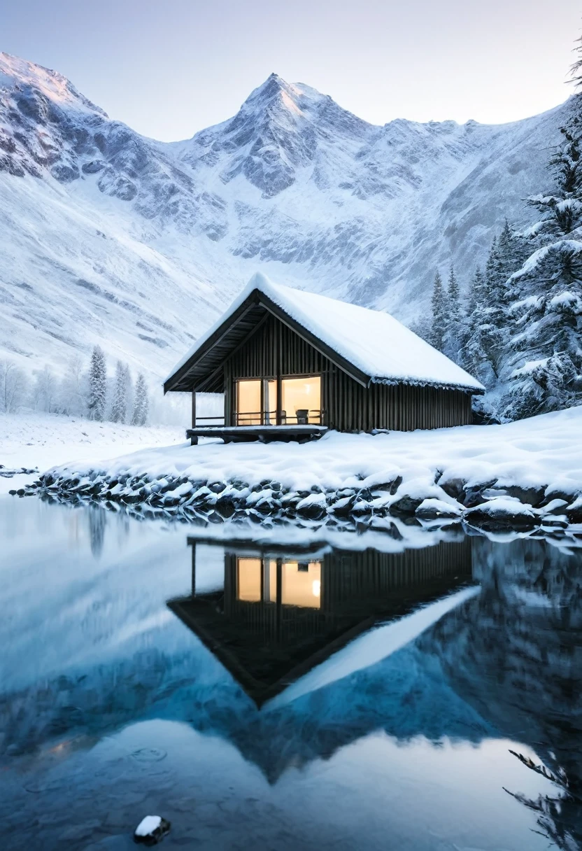 Minimalism，Snowfield，Snow covered hut，river，Reflection，4K