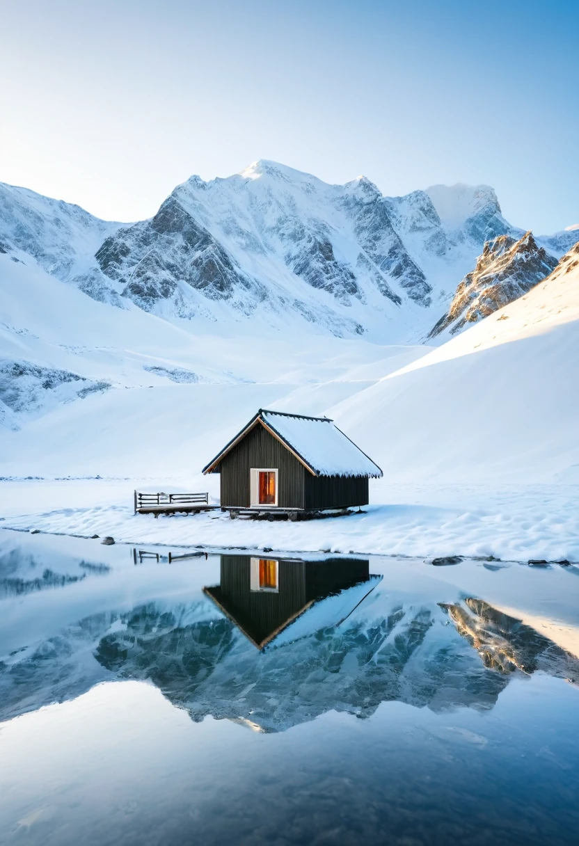 Minimalism，Snowfield，Snow covered hut，river，Reflection，4K