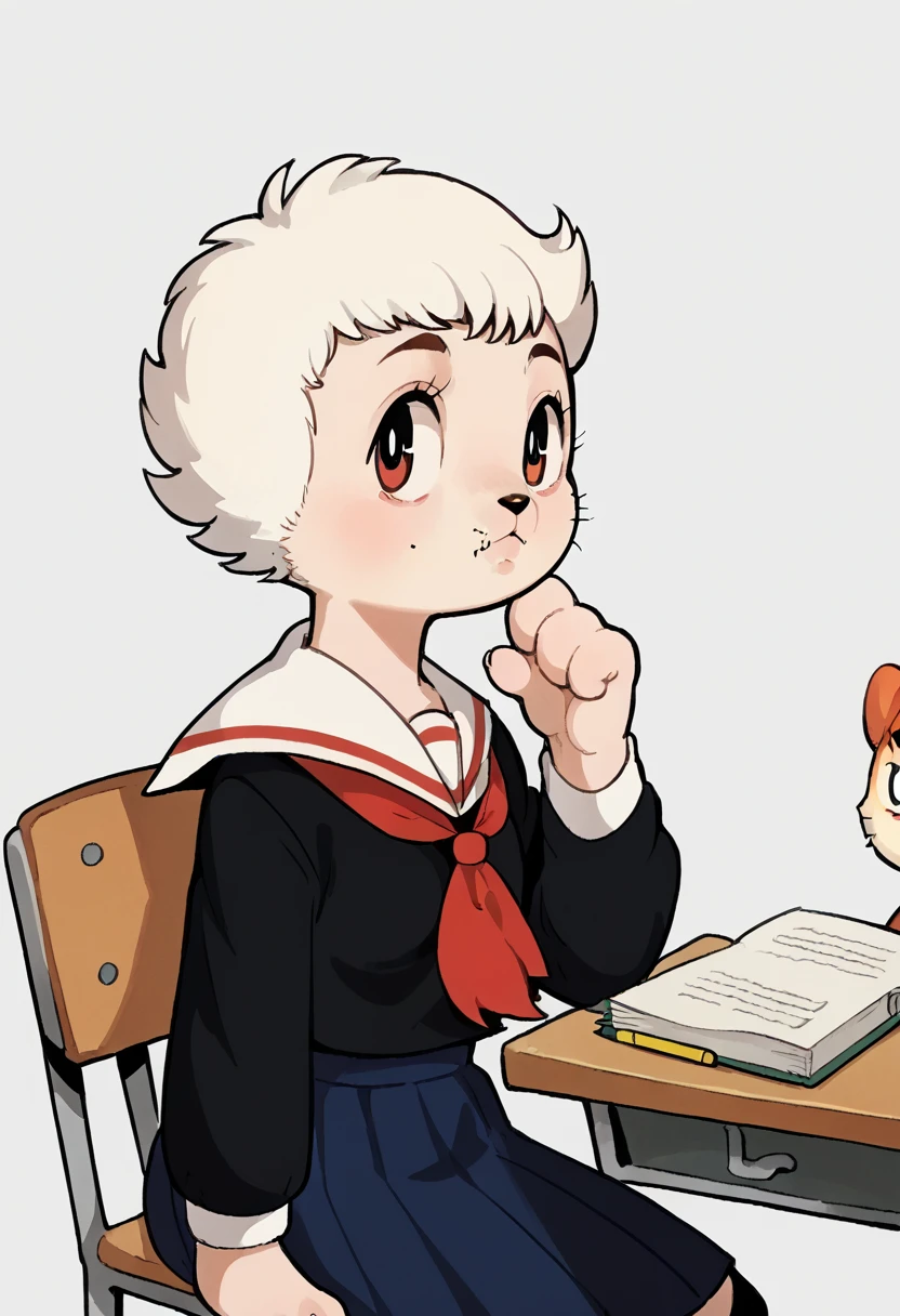 (tezuka osamu style) , left side view , focus face , hairy bunny Short stature girl , (realistic hairy bunny fur:1.2) , round Mumps face , (tilt face:1.2) , geek , round eyes , Swollen cheeks , shy , glossy lips , in the school , Class is in progress , school sailor , skirt , sit on chair , Looking Ahead , Bored attitude , Write in a notebook , (fall down on the desk)