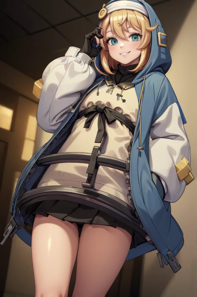 (masterpiece, Highest quality:1.2), alone, One girl, Gusbridget, smile, View your viewers, Put your hands in your pockets, Hooded jacket, Long sleeve, Black gloves, Fingerless gloves, skirt, (Shaved:1.2)