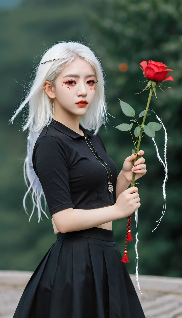 (best quality, masterpiece), (1 Girl, Solitary, Black skirt, permanent , Looking at the audience, White hair, Red Eyes, Holding a rose, Shut up, Upper Body), (There is a red dream catcher behind, safflower, )