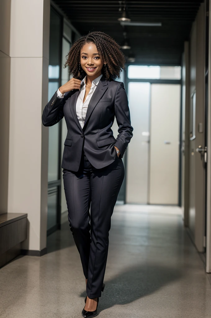 black woman in suit smiling full body