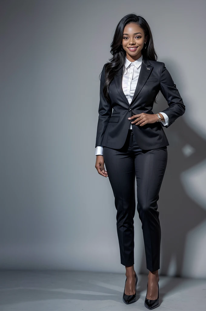 black woman in suit smiling full body