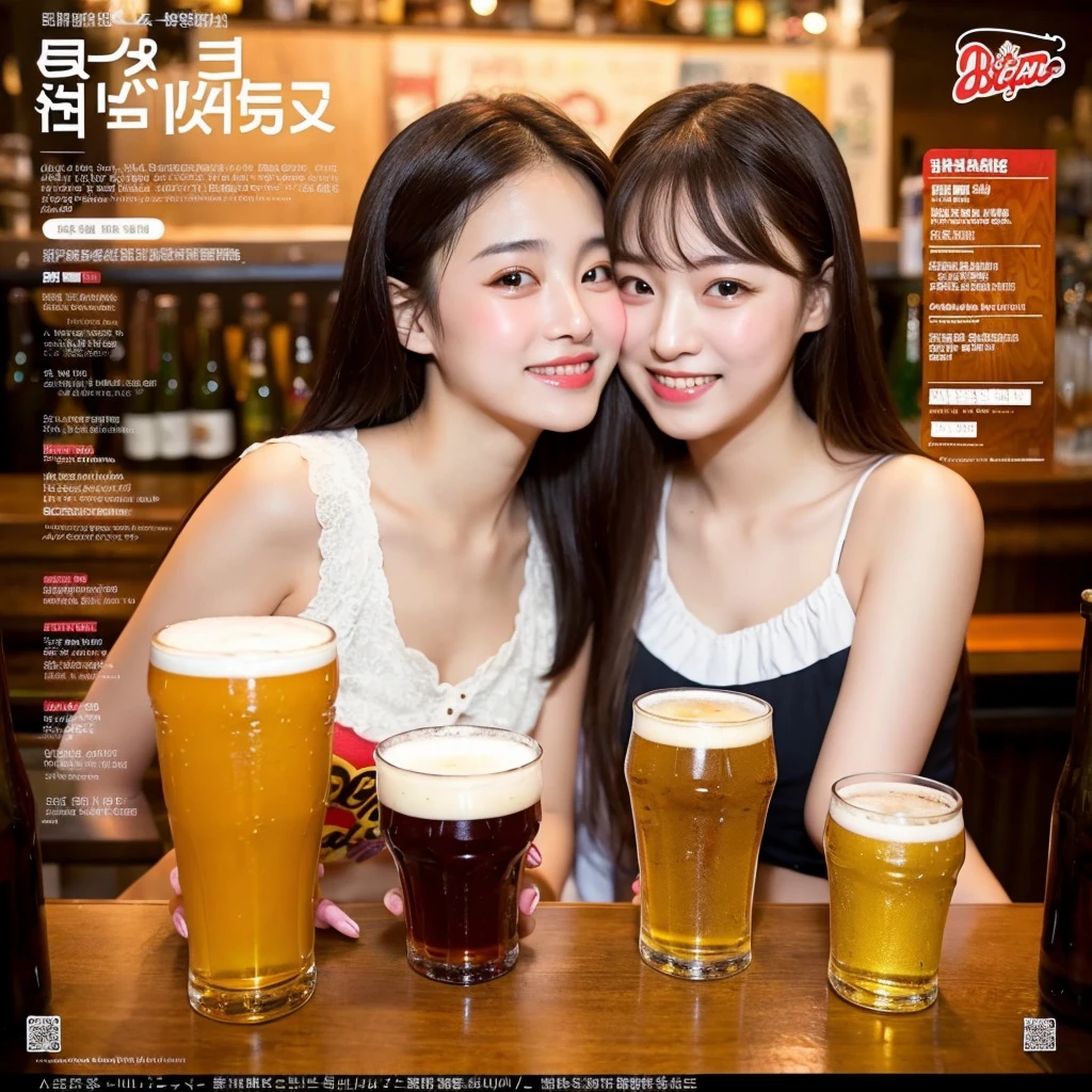 ((best quality)), ((masterpiece)), (detailed), 1girl, beer promotion flyer, holding 2glasses of beer