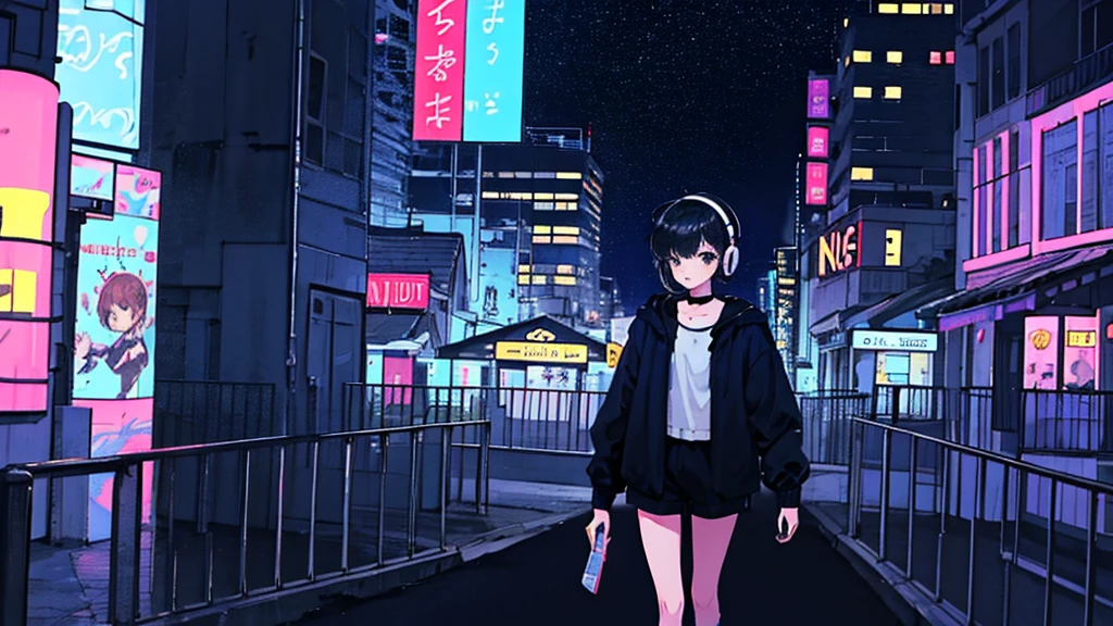 Black short Hair, Black Clothing, One Adult Woman Looking Sideways ,Blue headphones、 City of night, Delicate background、Masterpiece、Night Town、night、dark、Nostalgic、Graffitied wall、walk