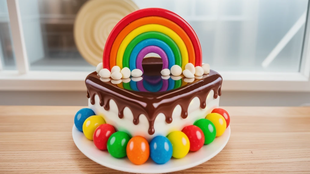 in the kitchen, on a wooden table, on a white porcelain plate, a tiny cake, the walls of the cake are made of multi-colored chocolate bars, on top are multi-colored cream stripes, multi-colored candies in the form of balls, window light, bright lights, soft light, window light, professional lighting, light from the window, neat light, realistic texture, realistic style, detailed texture, high quality, high resolution, high quality rendering, realistic photo, brightning light, macro photo