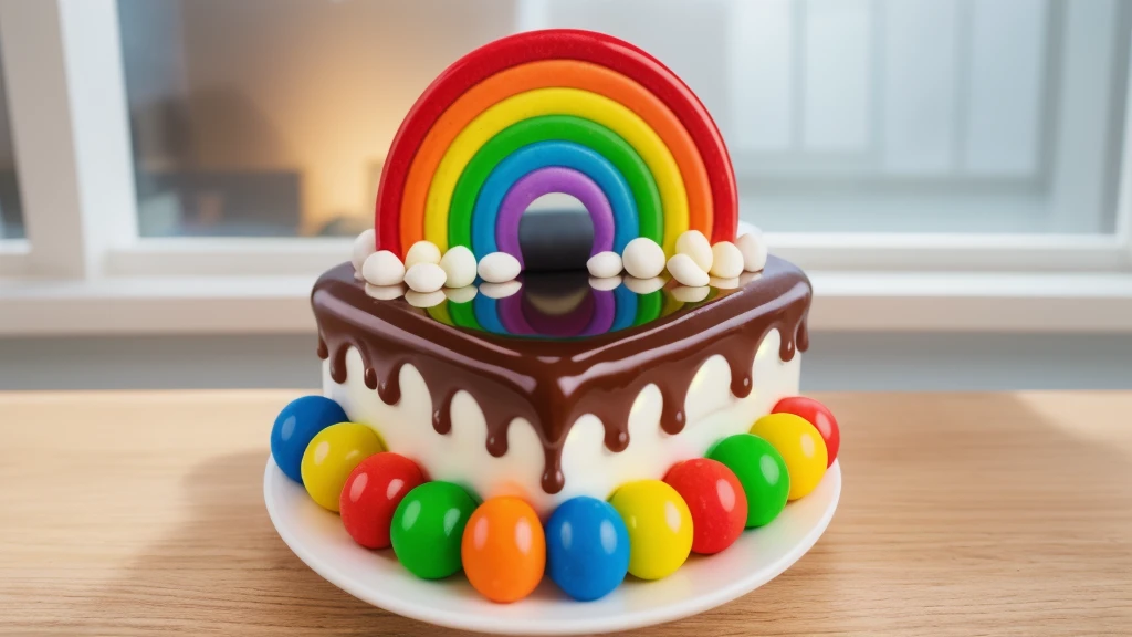 in the kitchen, on a wooden table, on a white porcelain plate, a tiny cake, the walls of the cake are made of multi-colored chocolate bars, on top are multi-colored cream stripes, multi-colored candies in the form of balls, window light, bright lights, soft light, window light, professional lighting, light from the window, neat light, realistic texture, realistic style, detailed texture, high quality, high resolution, high quality rendering, realistic photo, brightning light, macro photo