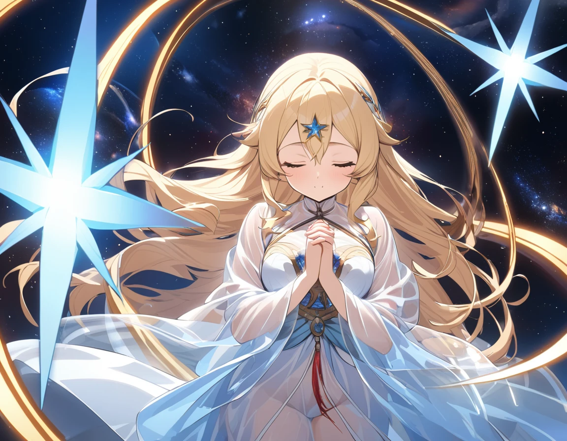 ((Red shining big star)), ((blue shining big star)), blonde goddess, transparent robe, prayer, eyes closed, space,