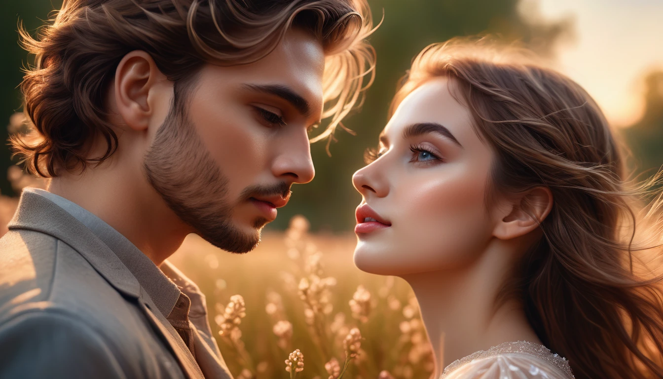 detailed portrait of two young lovers, romantic couple, mystical field, warm lighting, dreamlike, highly detailed, intricate, photorealistic, cinematic composition, soft colors, glowing aura, ethereal atmosphere, lush foliage, magical realism, beautiful detailed eyes, beautiful detailed lips, extremely detailed eyes and face, long eyelashes, elegant poses, passionate embrace, fairytale-like, (best quality,4k,8k,highres,masterpiece:1.2),ultra-detailed,(realistic,photorealistic,photo-realistic:1.37),HDR,UHD,studio lighting,ultra-fine painting,sharp focus,physically-based rendering,extreme detail description,professional,vivid colors,bokeh
