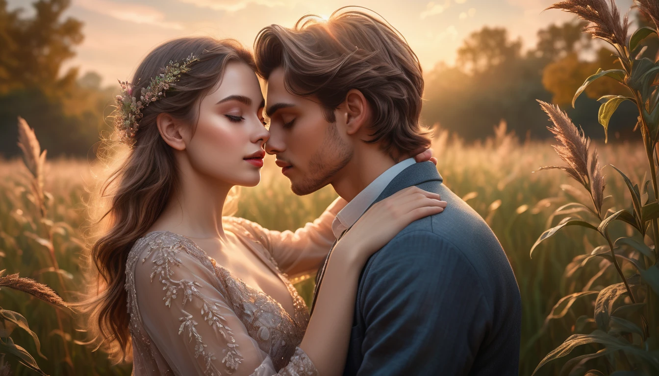 detailed portrait of two young lovers, romantic couple, mystical field, warm lighting, dreamlike, highly detailed, intricate, photorealistic, cinematic composition, soft colors, glowing aura, ethereal atmosphere, lush foliage, magical realism, beautiful detailed eyes, beautiful detailed lips, extremely detailed eyes and face, long eyelashes, elegant poses, passionate embrace, fairytale-like, (best quality,4k,8k,highres,masterpiece:1.2),ultra-detailed,(realistic,photorealistic,photo-realistic:1.37),HDR,UHD,studio lighting,ultra-fine painting,sharp focus,physically-based rendering,extreme detail description,professional,vivid colors,bokeh
