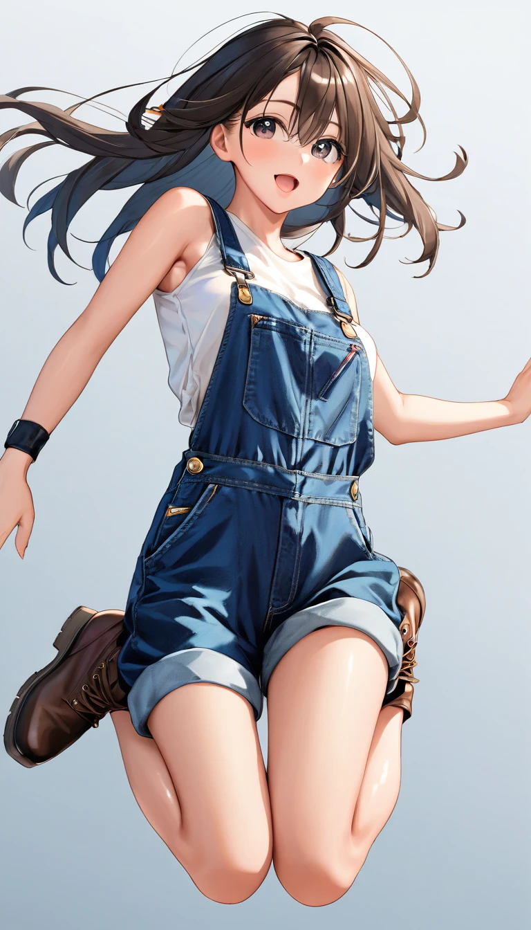 High-resolution image, masterpiece, full-body image, glamorous beauty with hair standing on end in the wind, double eyelids and sharp eyes, thick lips, realistic texture of tanned skin, loose overalls, sleeveless, boots on bare feet, gesture of jumping on the spot with both hands raised, angle from above and in the front, photorealistic, ink-colored background