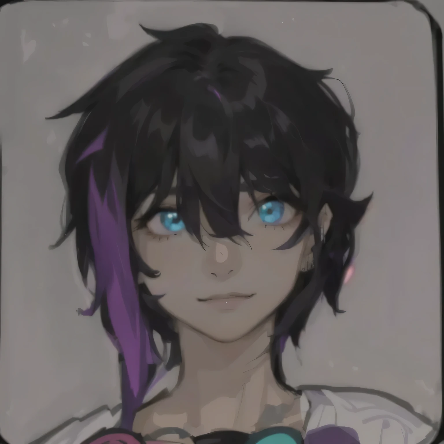 a drawing of a boy with black hair and a purple streak a little longer than the rest of his hair, half body head shot, portrait of meio corpo, [[[[grinning wickedly]]]], portrait of ((pernicious)), discord pfp, unknown artstyle, character portrait of me, inspired by Okumura Masanobu