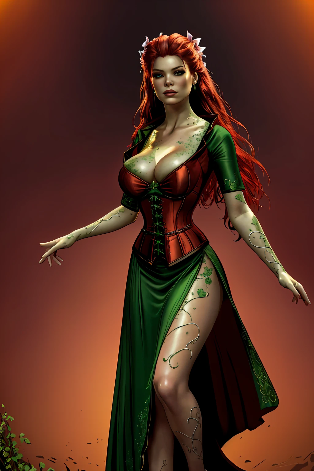 a woman with long crimson hair, wearing a long green dress with a leg slit, intricate corset, beautiful detailed eyes, beautiful detailed lips, extremely detailed face, longeyelashes, elegant pose, graceful movement, breathtaking, detailed and realistic, oil painting, dramatic lighting, warm color palette, cinematic composition, masterpiece, 8k, high quality, poison ivy