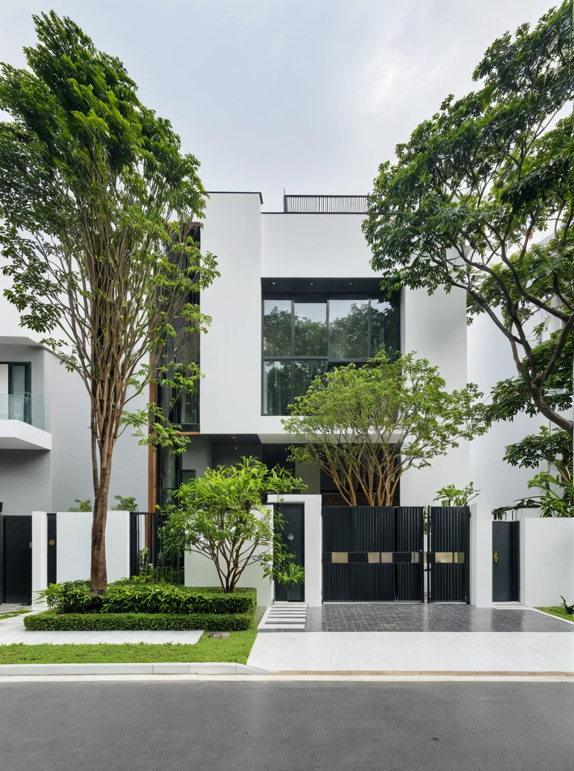 RAW photo, a photo of a modern villa, sidewalk, sidewalk trees, steel gate, road, viet nam modern residence, a car parked in front of it, rough white wall, new residential area, wide angle exterior 2022, contemporary house, exterior photography, masterpiece, contemporary architecture, overcast, indirect lighting